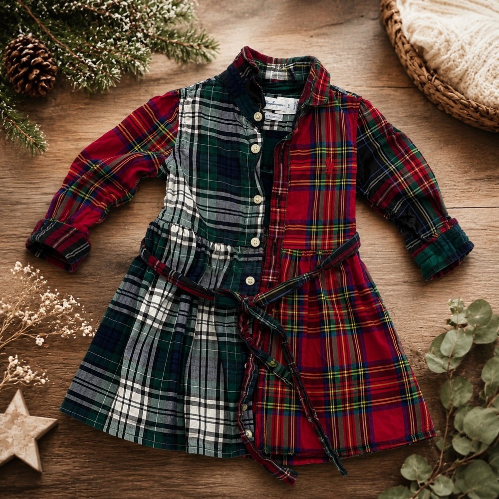 Ralph Lauren Baby Girls Patchwork Plaid Button Front Shirtdress Multi Color 9M
